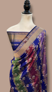 Multicolor Pure Katan Silk Banarasi Handloom Saree - All over Jaal Work With Rangkart - The Handlooms