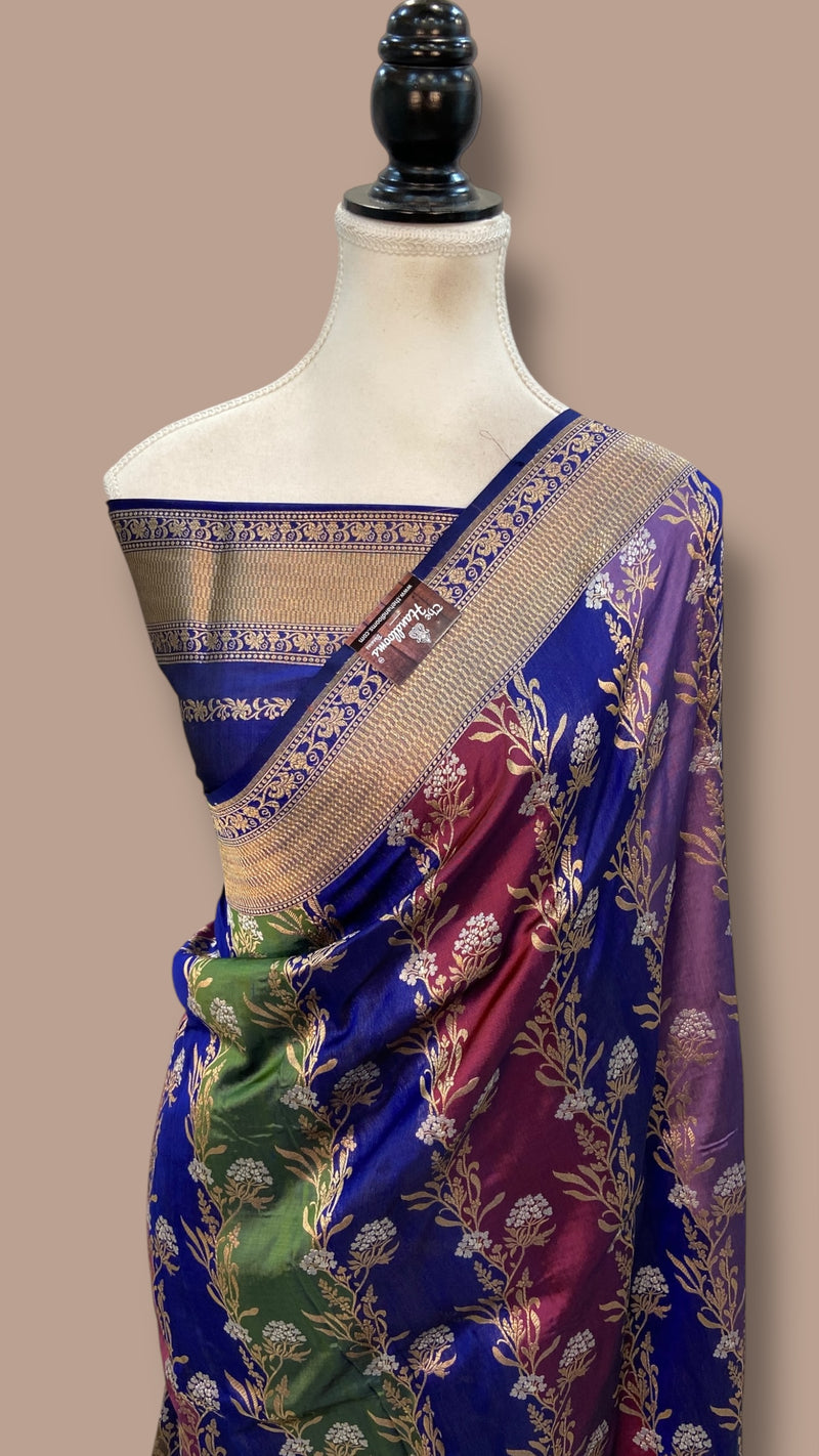 Multicolor Pure Katan Silk Banarasi Handloom Saree - All over Jaal Work With Rangkart - The Handlooms