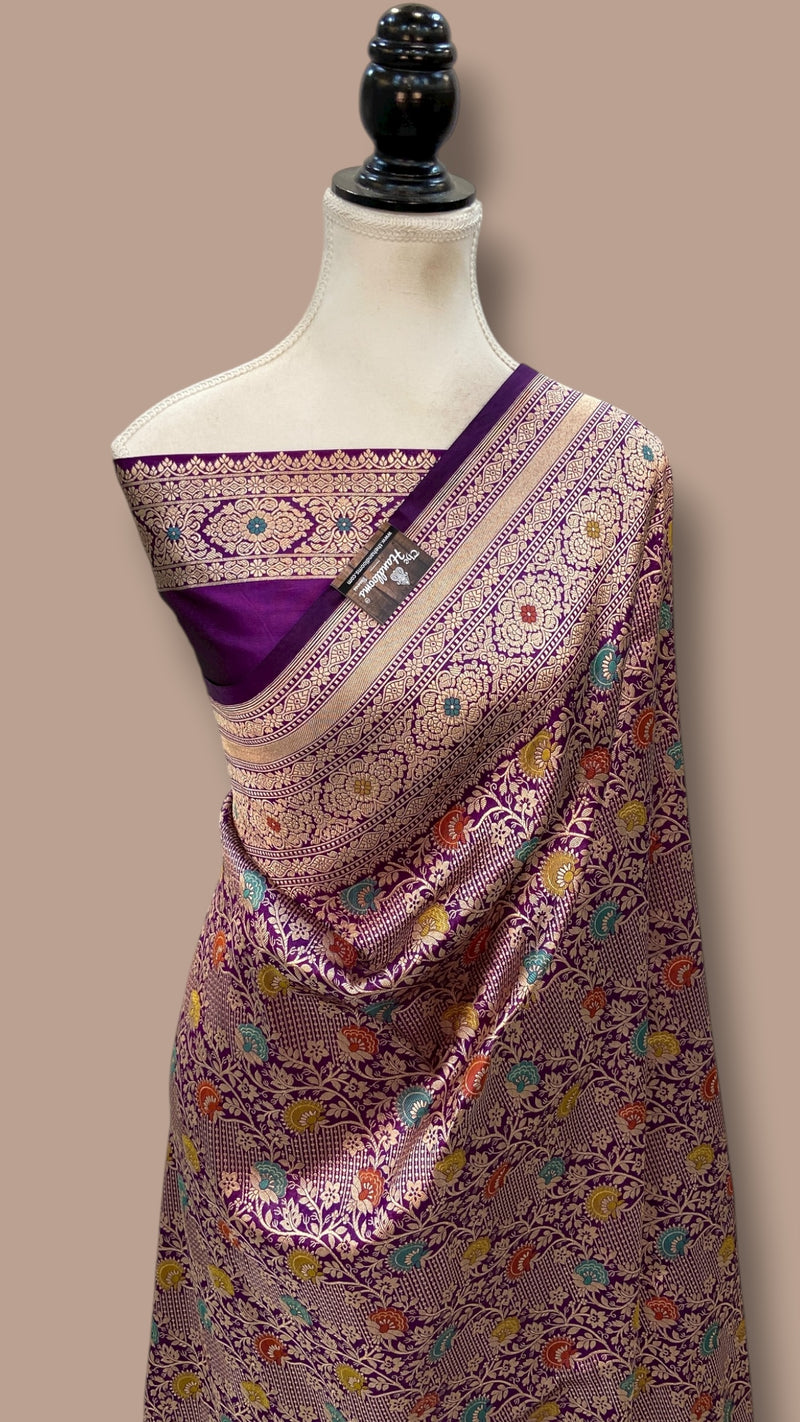 Regal Pure Katan Silk Banarasi Saree – Handwoven Tanchui Brocade with Meenakari Work - The Handlooms