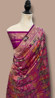 Multicolor Pure Katan Silk Banarasi Handloom Saree - All over Jaal Work With Rangkart - The Handlooms