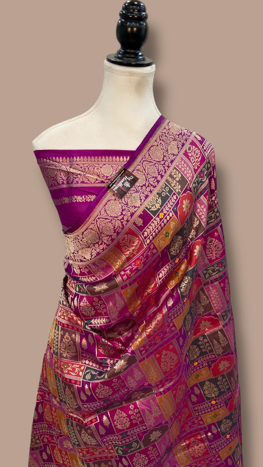 Multicolor Pure Katan Silk Banarasi Handloom Saree - All over Jaal Work With Rangkart - The Handlooms