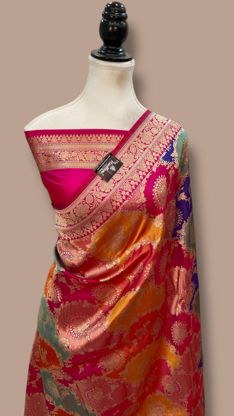 Multicolor Pure Katan Silk Banarasi Handloom Saree - All over Jaal Work With Rangkart