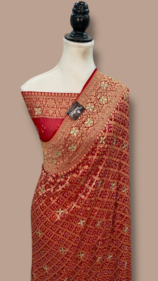 Pure Khaddi Georgette Banarasi Bandhej Handloom Saree with Handwork: Gota Patti, Zardozi, Diamond Chain, Katdana, and Abla Detailing - The Handlooms
