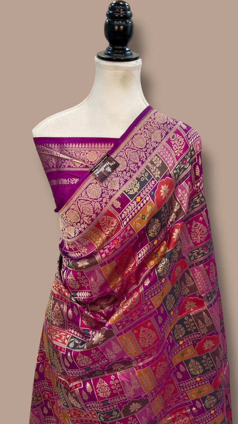 Multicolor Pure Katan Silk Banarasi Handloom Saree - All over Jaal Work With Rangkart - The Handlooms