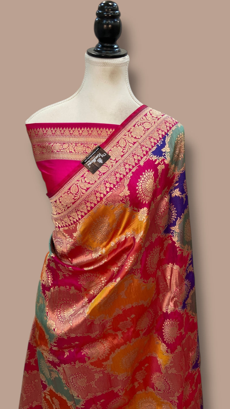 Multicolor Pure Katan Silk Banarasi Handloom Saree - All over Jaal Work With Rangkart