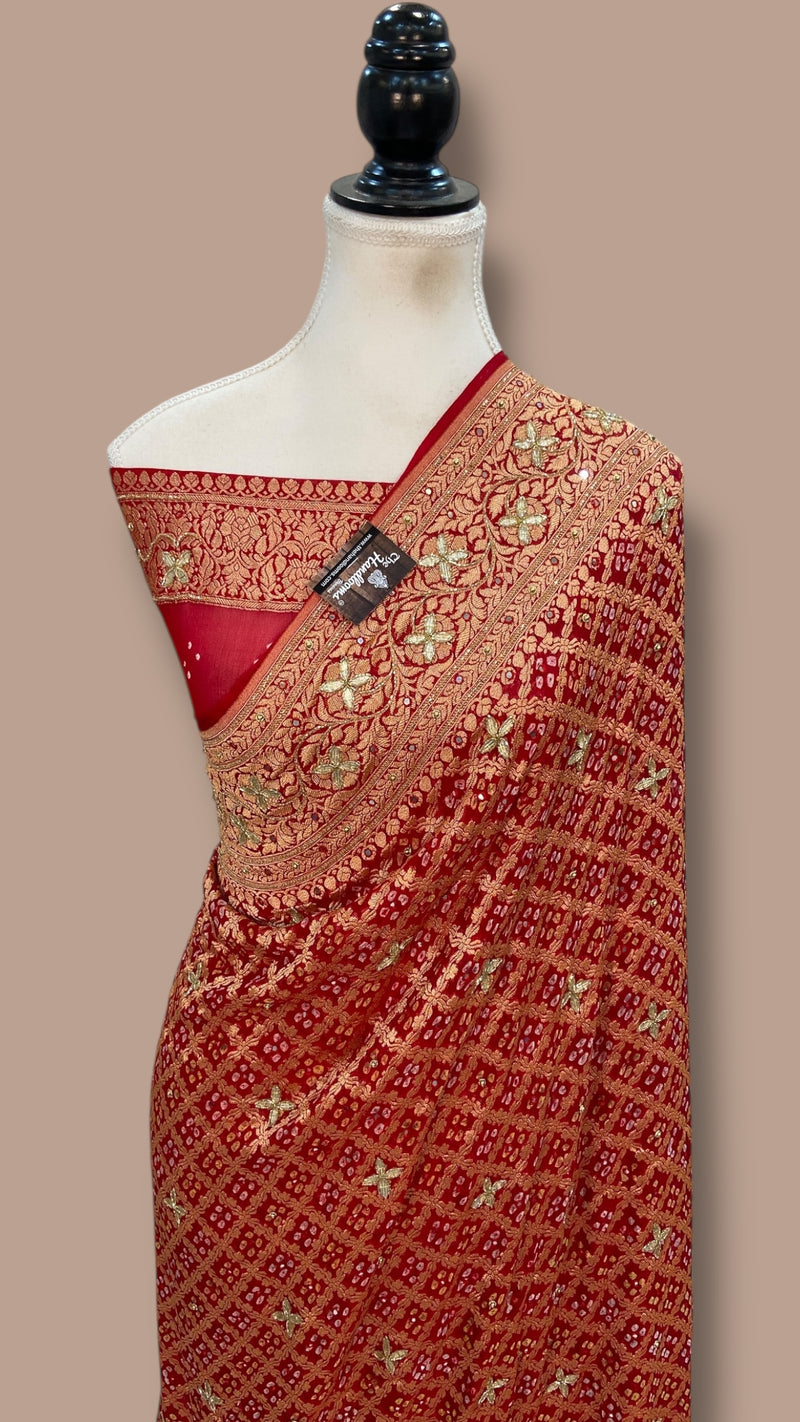 Pure Khaddi Georgette Banarasi Bandhej Handloom Saree with Handwork: Gota Patti, Zardozi, Diamond Chain, Katdana, and Abla Detailing - The Handlooms