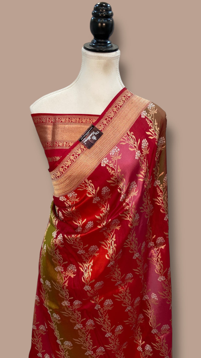 Multicolor Pure Katan Silk Banarasi Handloom Saree - All over Jaal Work With Rangkart - The Handlooms