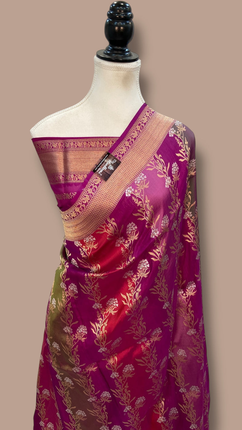 Multicolor Pure Katan Silk Banarasi Handloom Saree - All over Jaal Work With Rangkart - The Handlooms