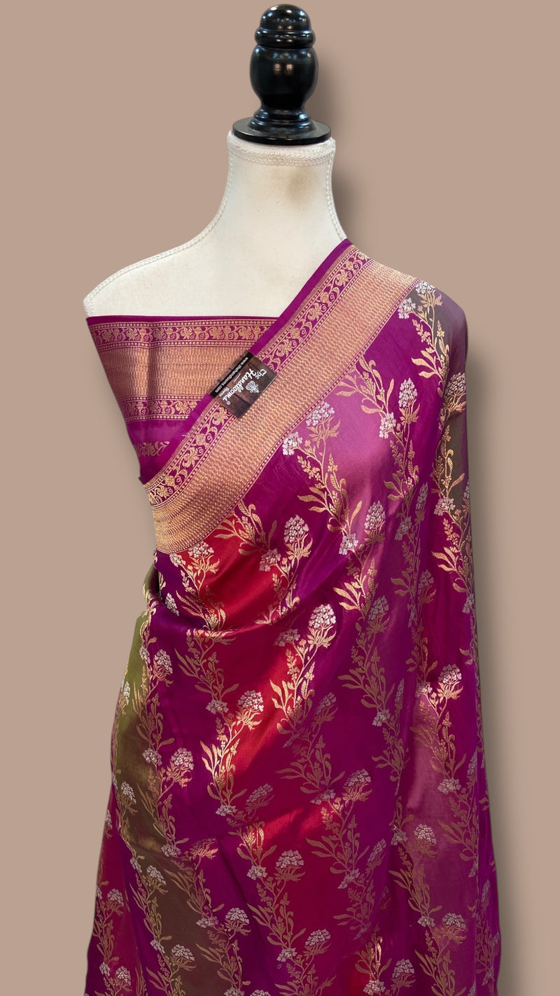 Multicolor Pure Katan Silk Banarasi Handloom Saree - All over Jaal Work With Rangkart - The Handlooms