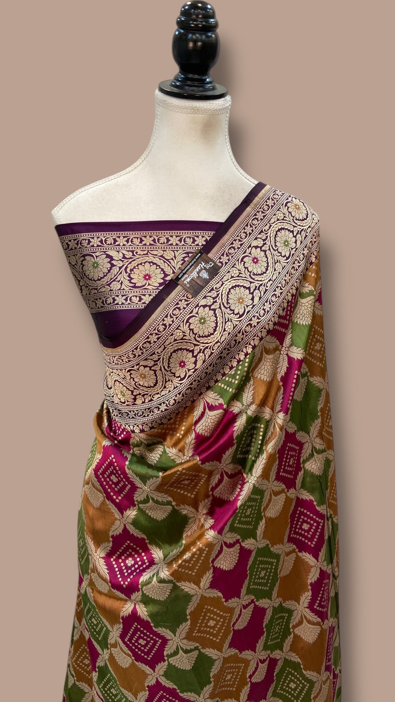 Multicolor Pure Katan Silk Banarasi Handloom Saree - All over Jaal Work With Rangkart