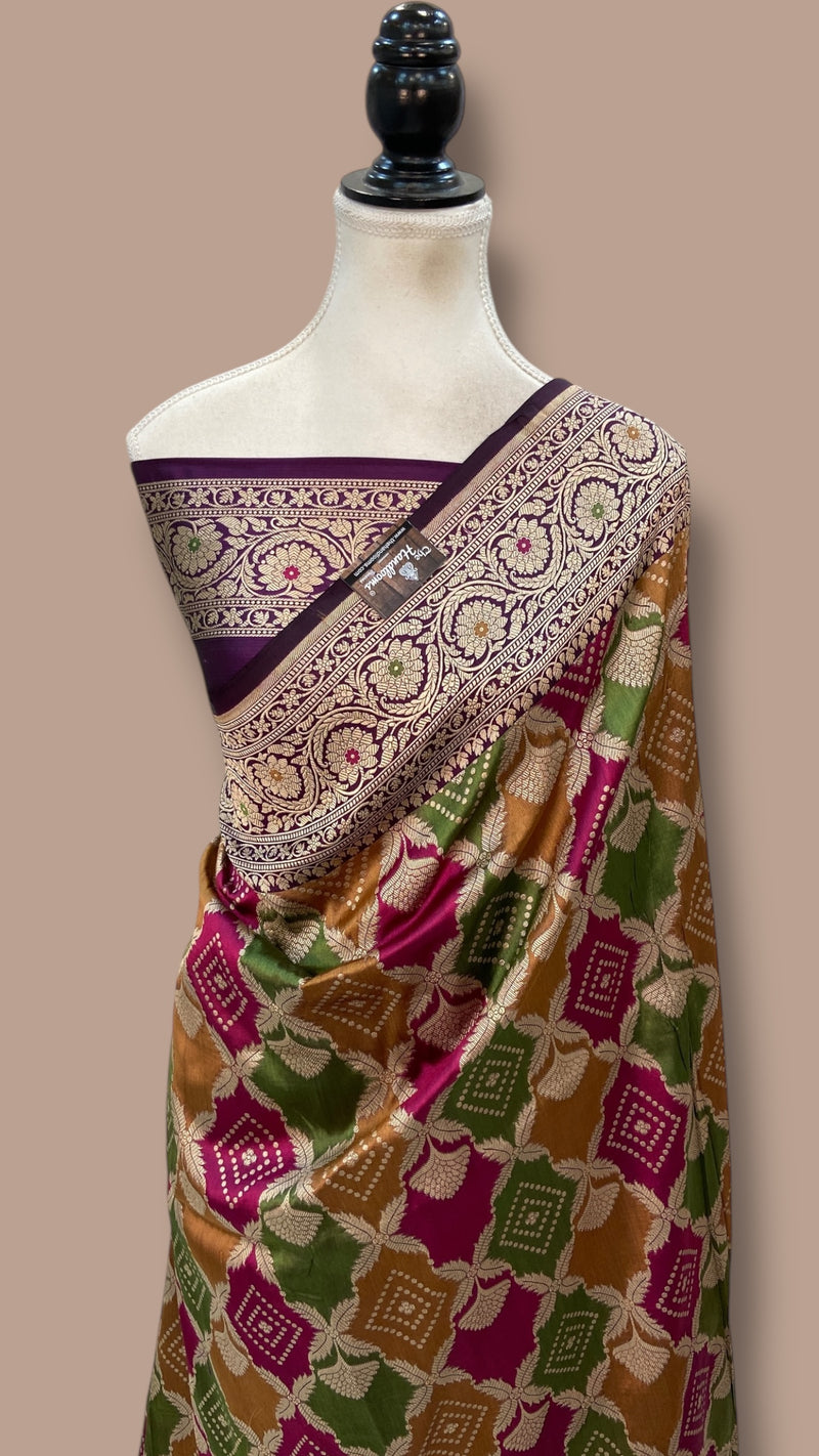 Multicolor Pure Katan Silk Banarasi Handloom Saree - All over Jaal Work With Rangkart