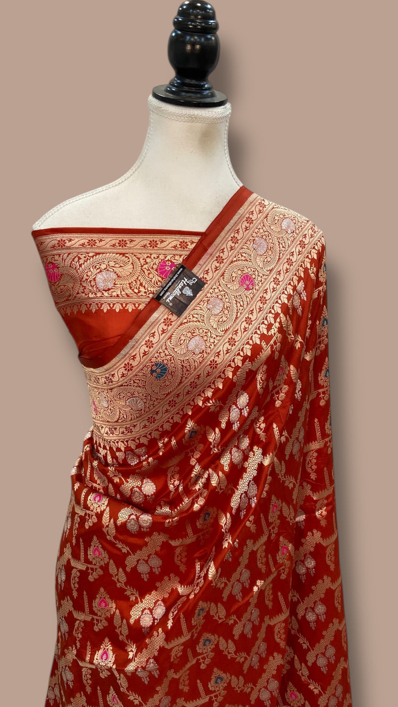 Pure Katan Silk Banarasi Handloom Saree - All over Jaal Work With Meenakari