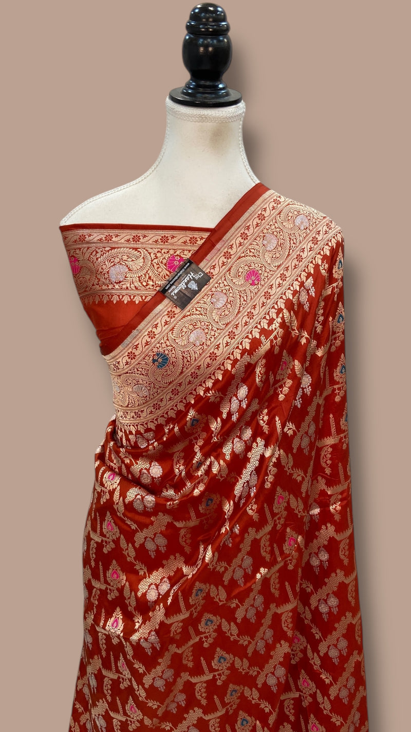 Pure Katan Silk Banarasi Handloom Saree - All over Jaal Work With Meenakari