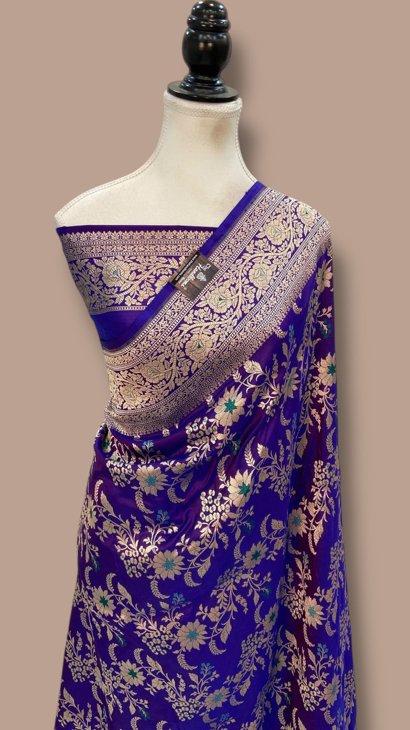 Pure Katan Silk Banarasi Handloom Saree - All over Jaal Work With Meenakari