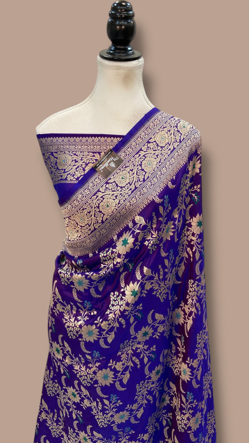 Pure Katan Silk Banarasi Handloom Saree - All over Jaal Work With Meenakari