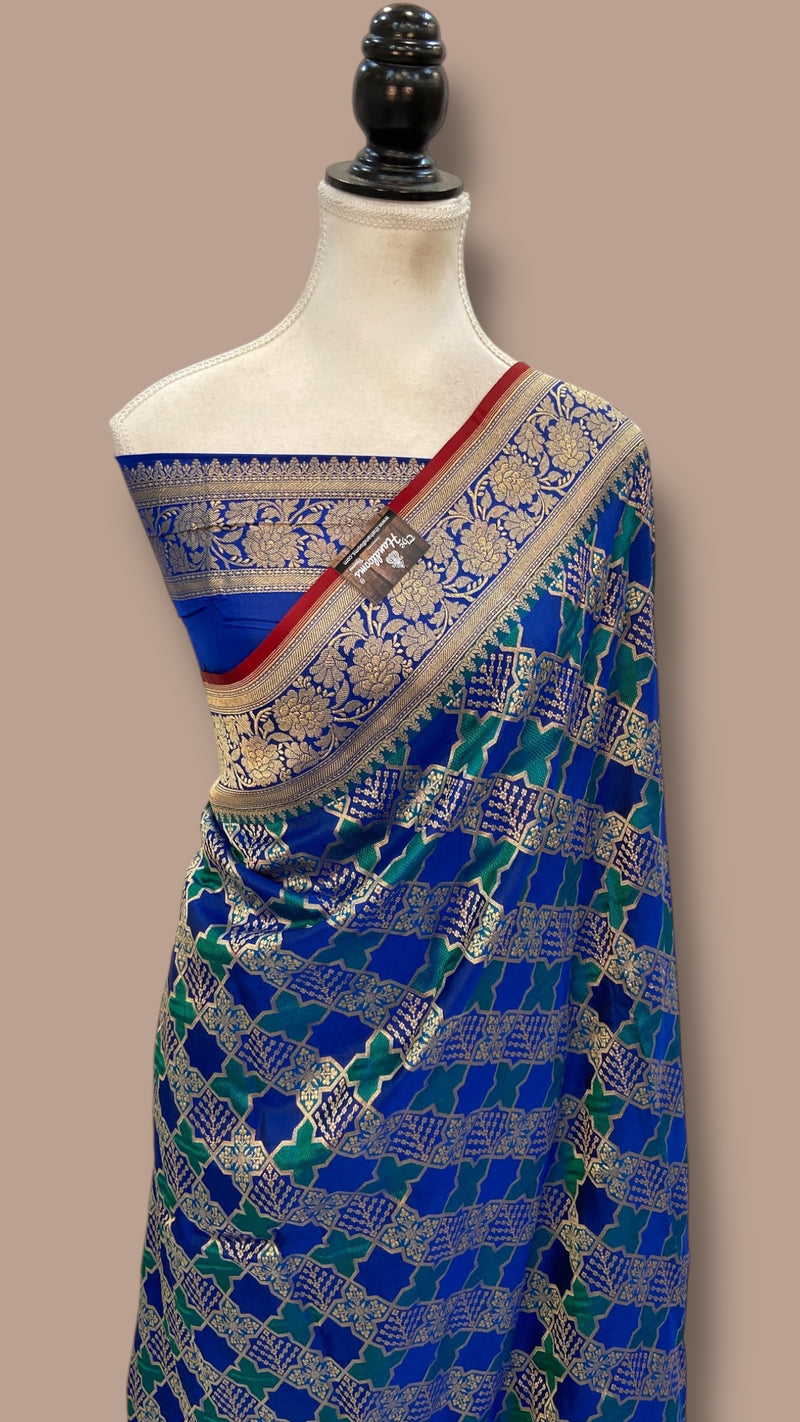 Multicolor Pure Katan Silk Banarasi Handloom Saree - All over Jaal Work With Rangkart