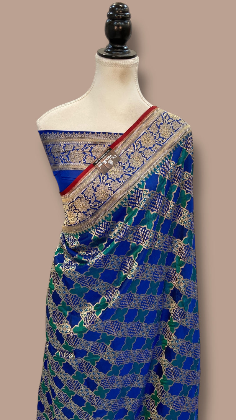 Multicolor Pure Katan Silk Banarasi Handloom Saree - All over Jaal Work With Rangkart
