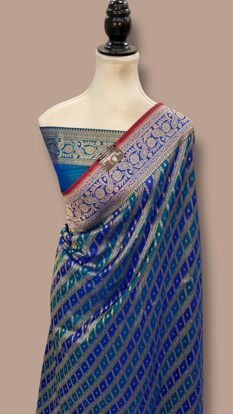 Multicolor Pure Katan Silk Banarasi Handloom Saree - All over Jaal Work With Rangkart