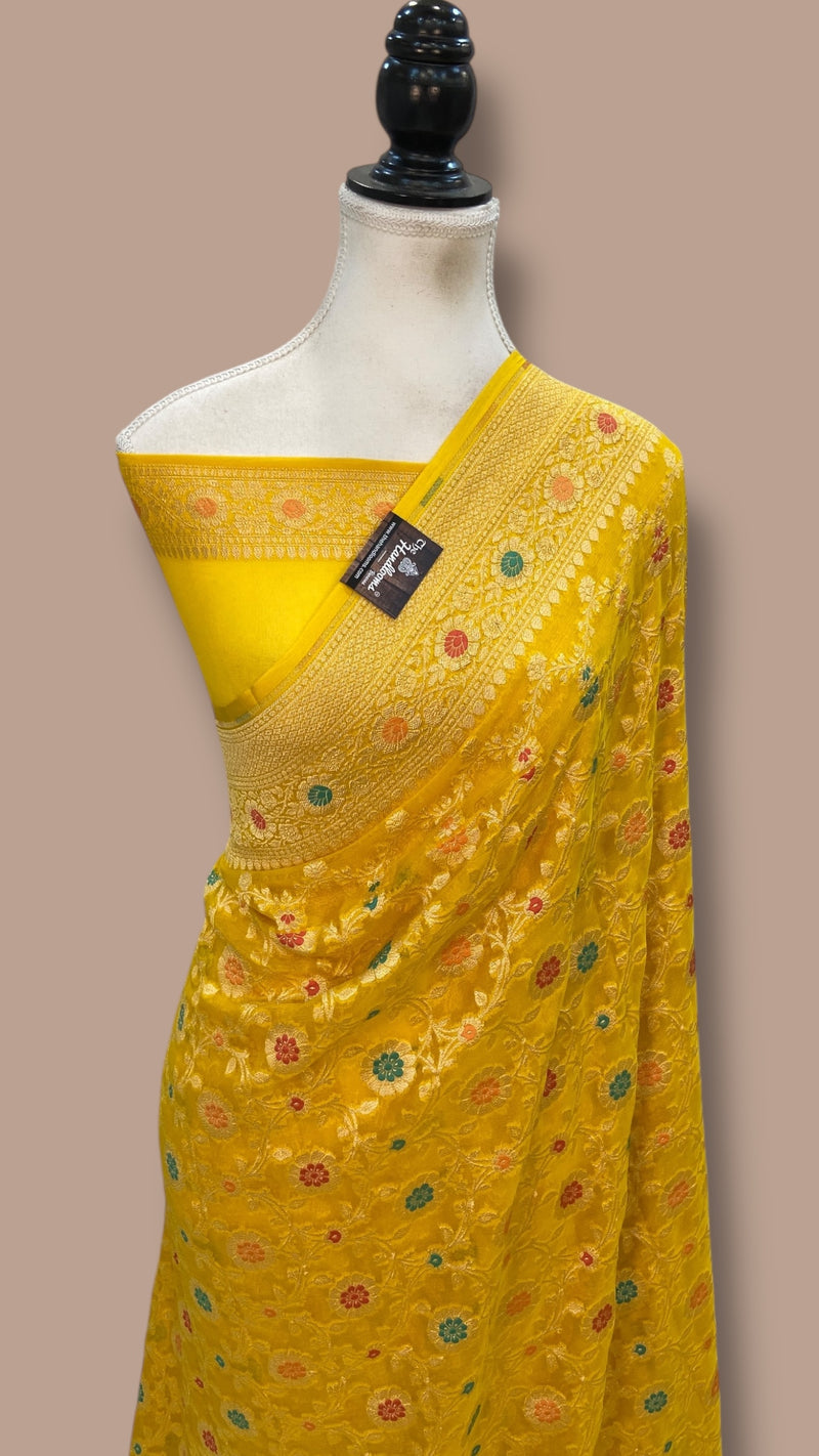 Pure Khaddi Georgette Banarasi Handloom Saree - Gold Zari With Meenakari