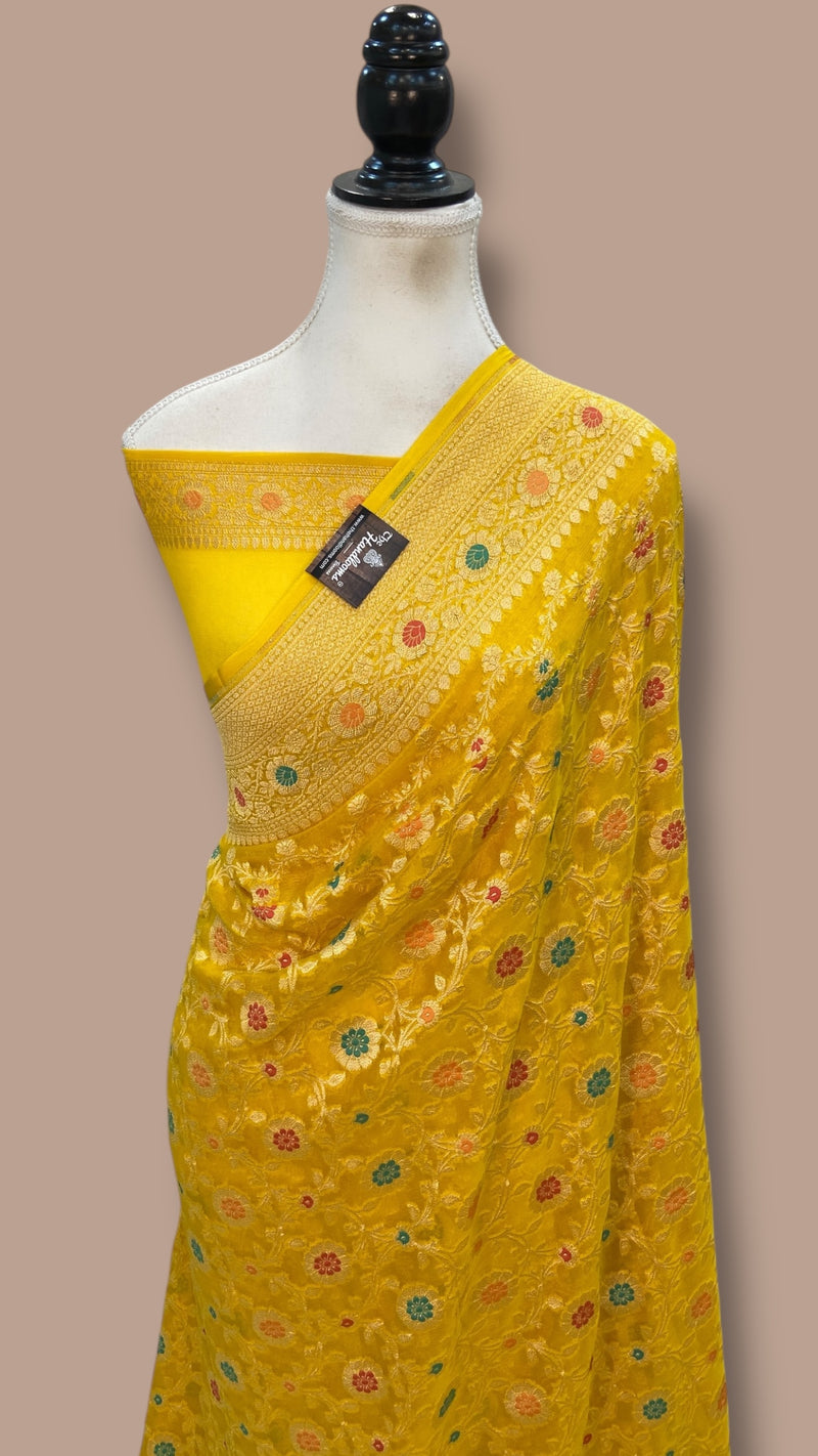 Pure Khaddi Georgette Banarasi Handloom Saree - Gold Zari With Meenakari