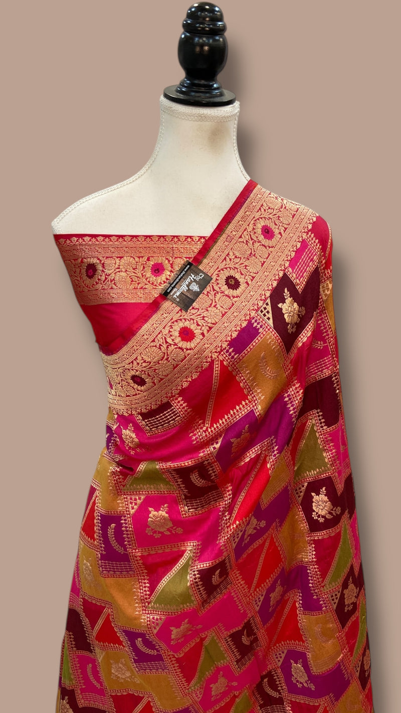 Multicolor Pure Katan Silk Banarasi Handloom Saree - All over Jaal Work With Rangkart
