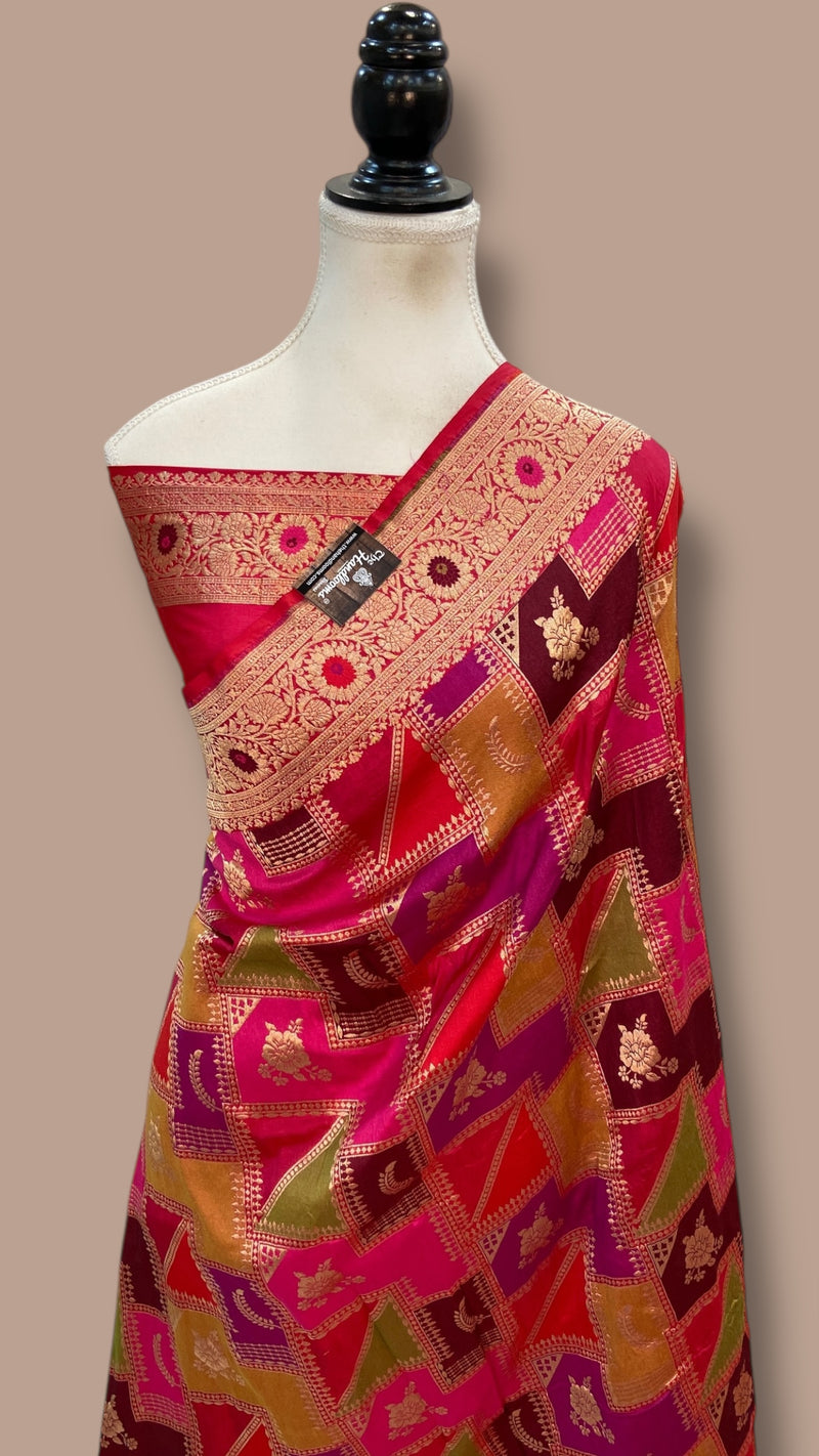 Multicolor Pure Katan Silk Banarasi Handloom Saree - All over Jaal Work With Rangkart