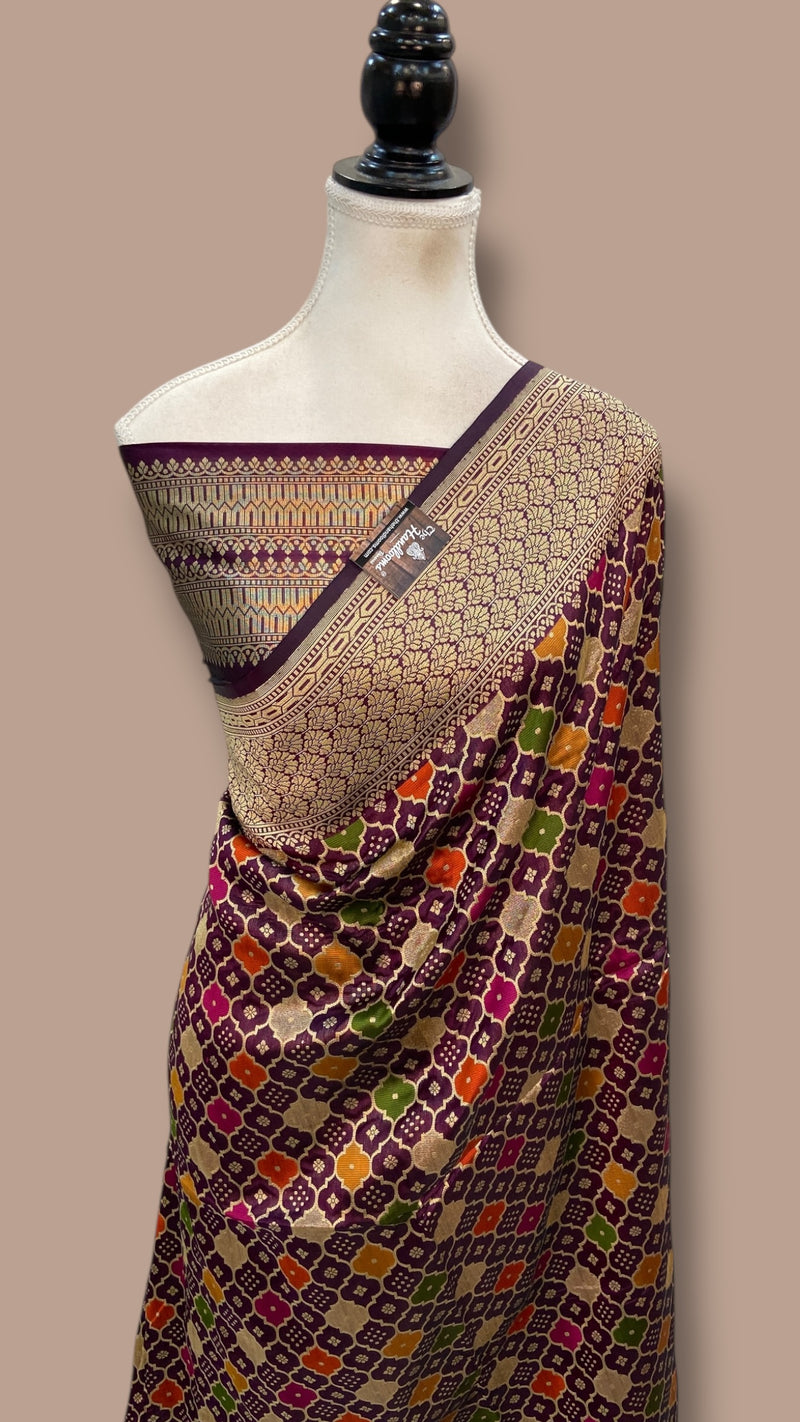 Multicolor Pure Katan Silk Banarasi Handloom Saree - All over Jaal Work With Rangkart