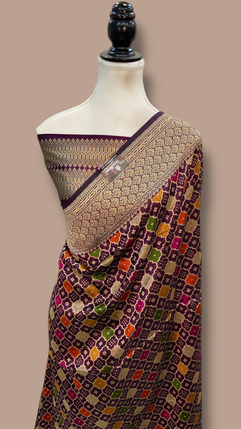 Multicolor Pure Katan Silk Banarasi Handloom Saree - All over Jaal Work With Rangkart