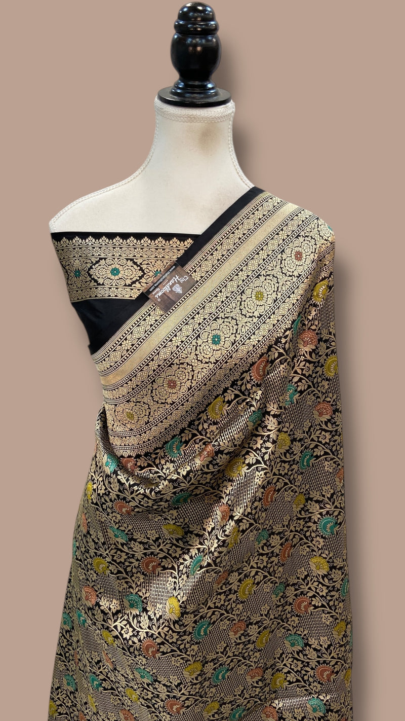 Regal Pure Katan Silk Banarasi Saree – Handwoven Tanchui Brocade with Meenakari Work - The Handlooms