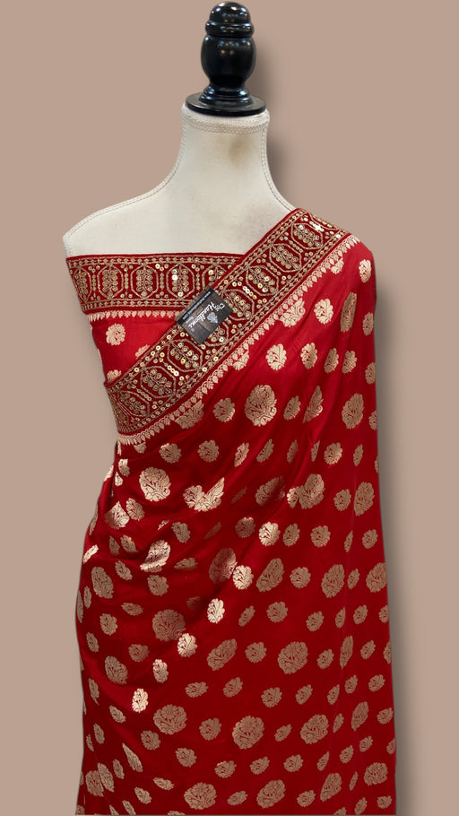 Pure Katan Silk Banarasi Handloom Saree - All Over Jaal Work With Lace - The Handlooms
