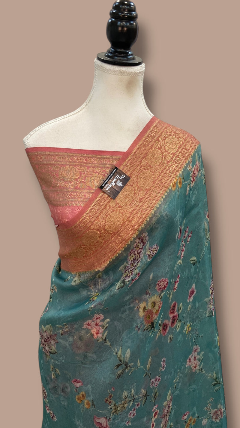 Pure Organza Handloom Banarasi Saree - Digital Print - The Handlooms