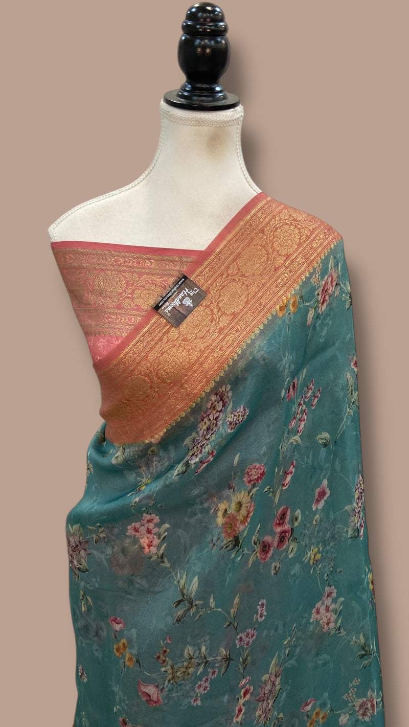 Pure Organza Handloom Banarasi Saree - Digital Print - The Handlooms