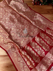 Red Pure Katan Silk Banarasi Handloom Saree - Tanchui Brocade - The Handlooms