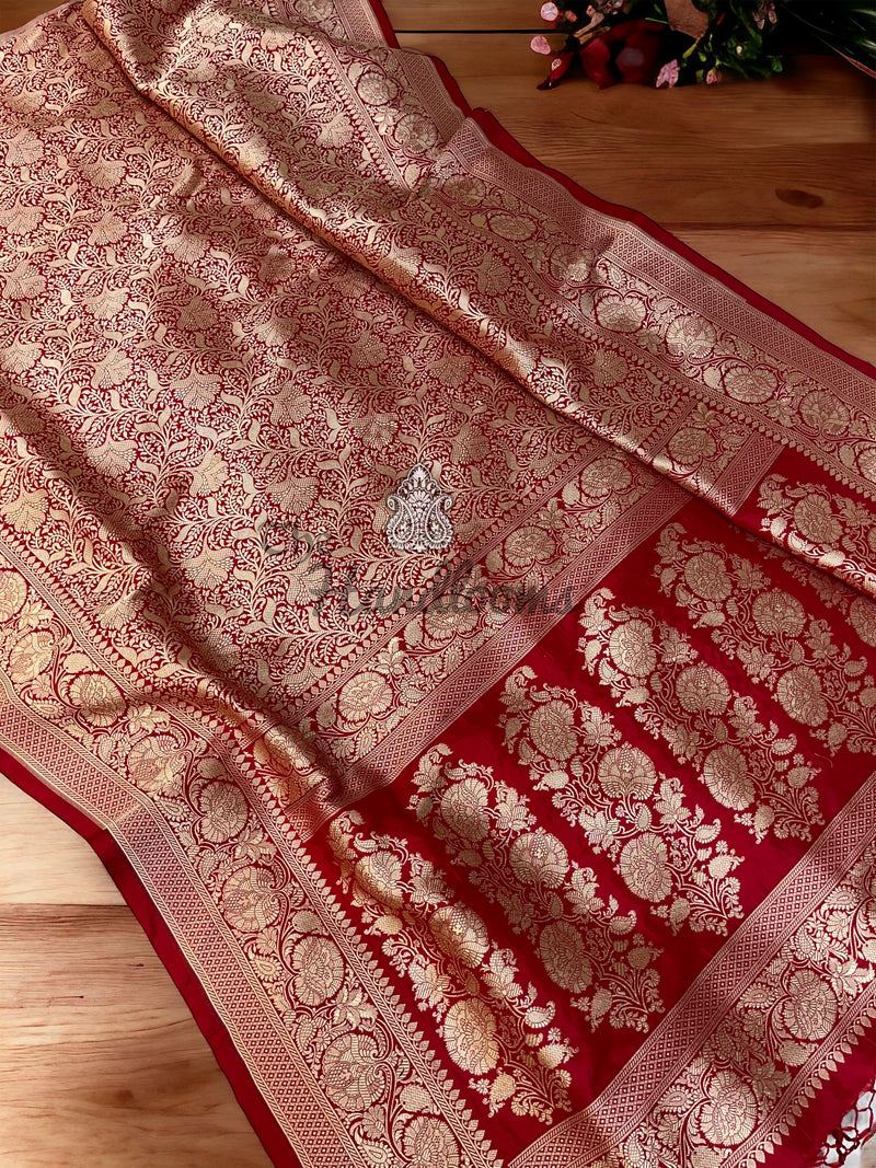 Red Pure Katan Silk Banarasi Handloom Saree - Tanchui Brocade - The Handlooms