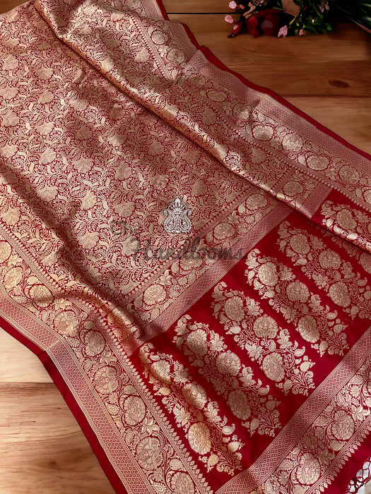 Red Pure Katan Silk Banarasi Handloom Saree - Tanchui Brocade