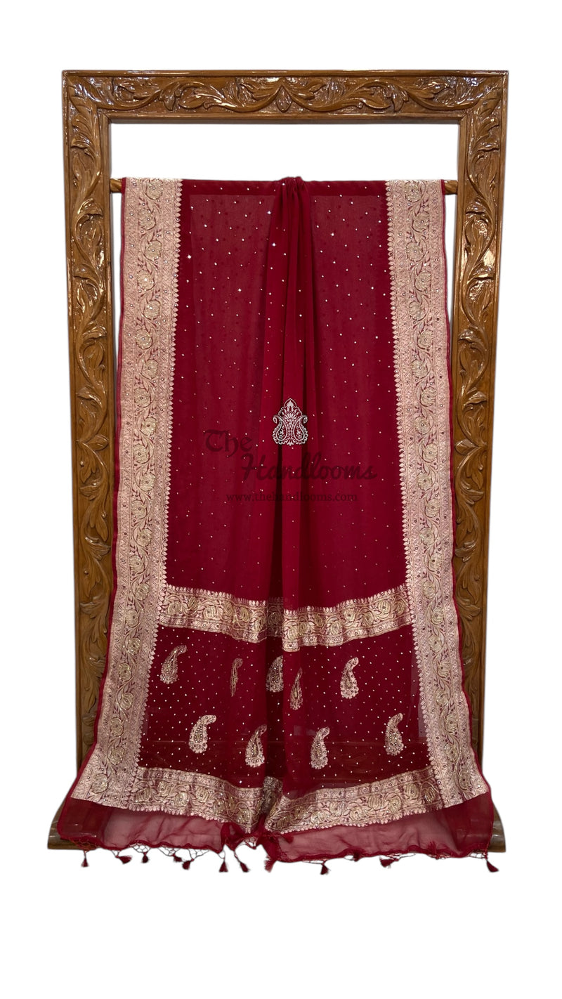 Maroon Pure Georgette Handloom Banarasi Saree with Handwork: Katdana, and Abla Detailing - The Handlooms