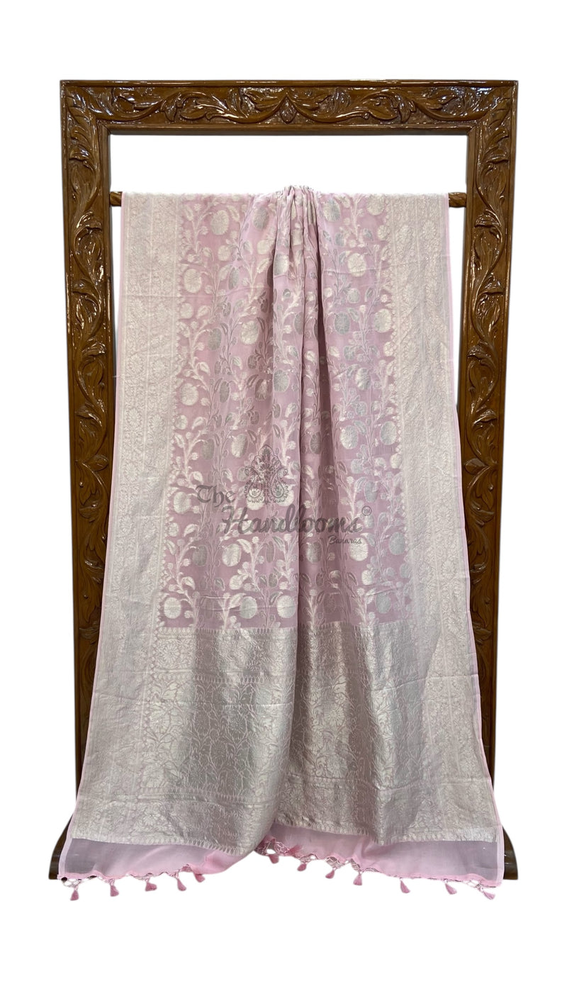 Pink Pure Khaddi Georgette Banarasi Saree With All Over Silver Zari Jaal Work - The Handlooms