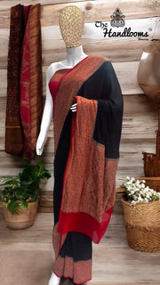 Black Pure Khaddi Georgette Handloom Banarasi Saree - The Handlooms