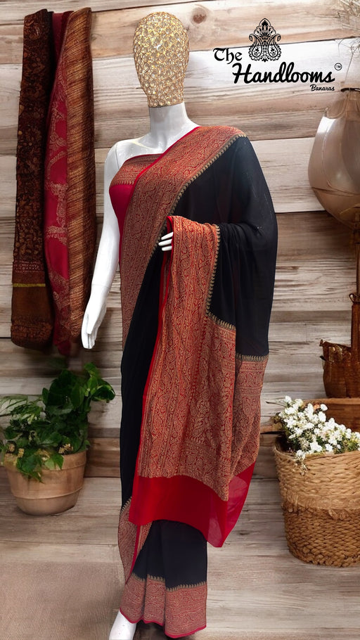 Black Pure Khaddi Georgette Handloom Banarasi Saree - The Handlooms