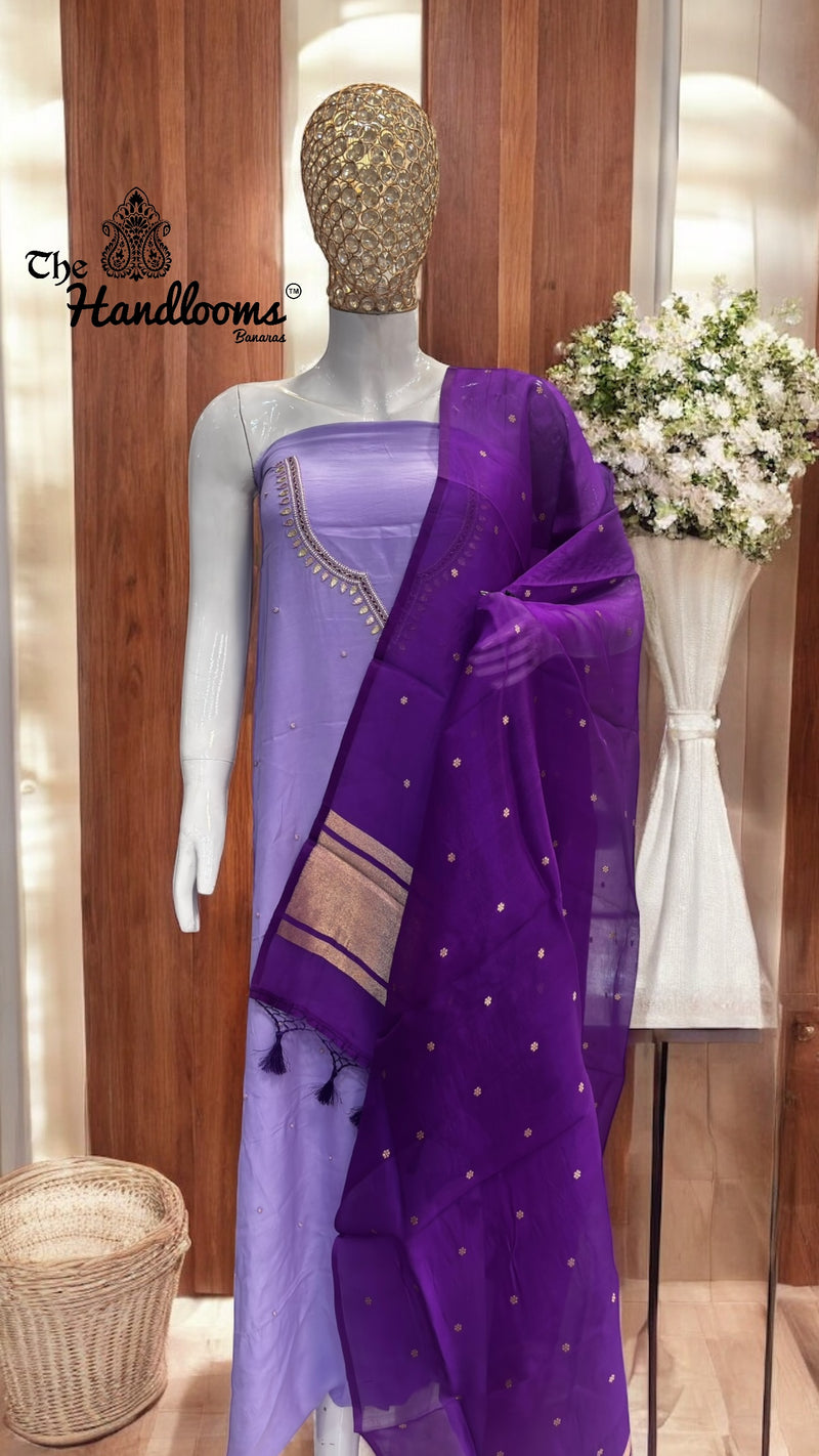 Elegant Silk Dress with Pure Kora Silk Dupatta – Adorned with Gota Patti, Moti, Katdana & Zardozi Handwork - The Handlooms