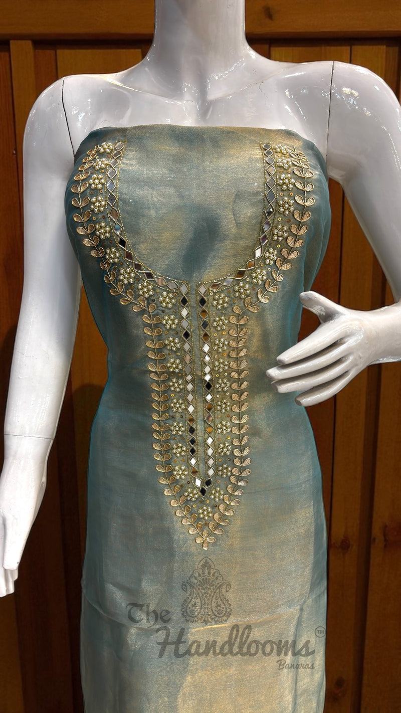 Elegant Silk Dress with Pure Kora Silk Dupatta – Adorned with Gota Patti, Moti, Katdana & Zardozi Handwork - The Handlooms