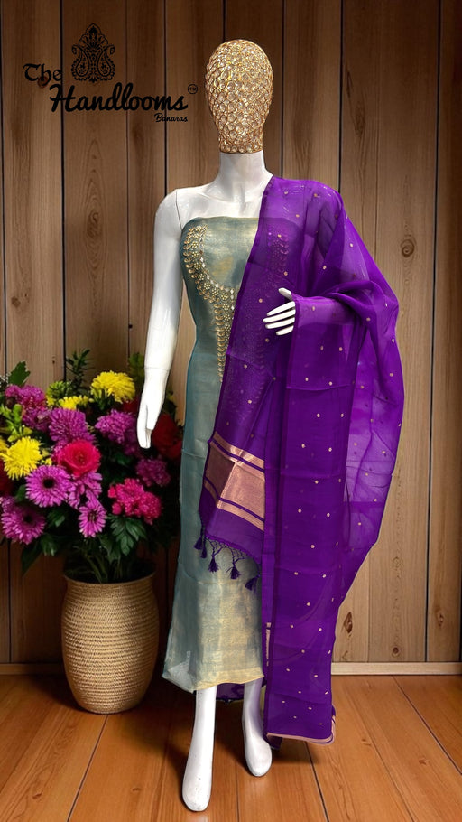 Elegant Silk Dress with Pure Kora Silk Dupatta – Adorned with Gota Patti, Moti, Katdana & Zardozi Handwork - The Handlooms