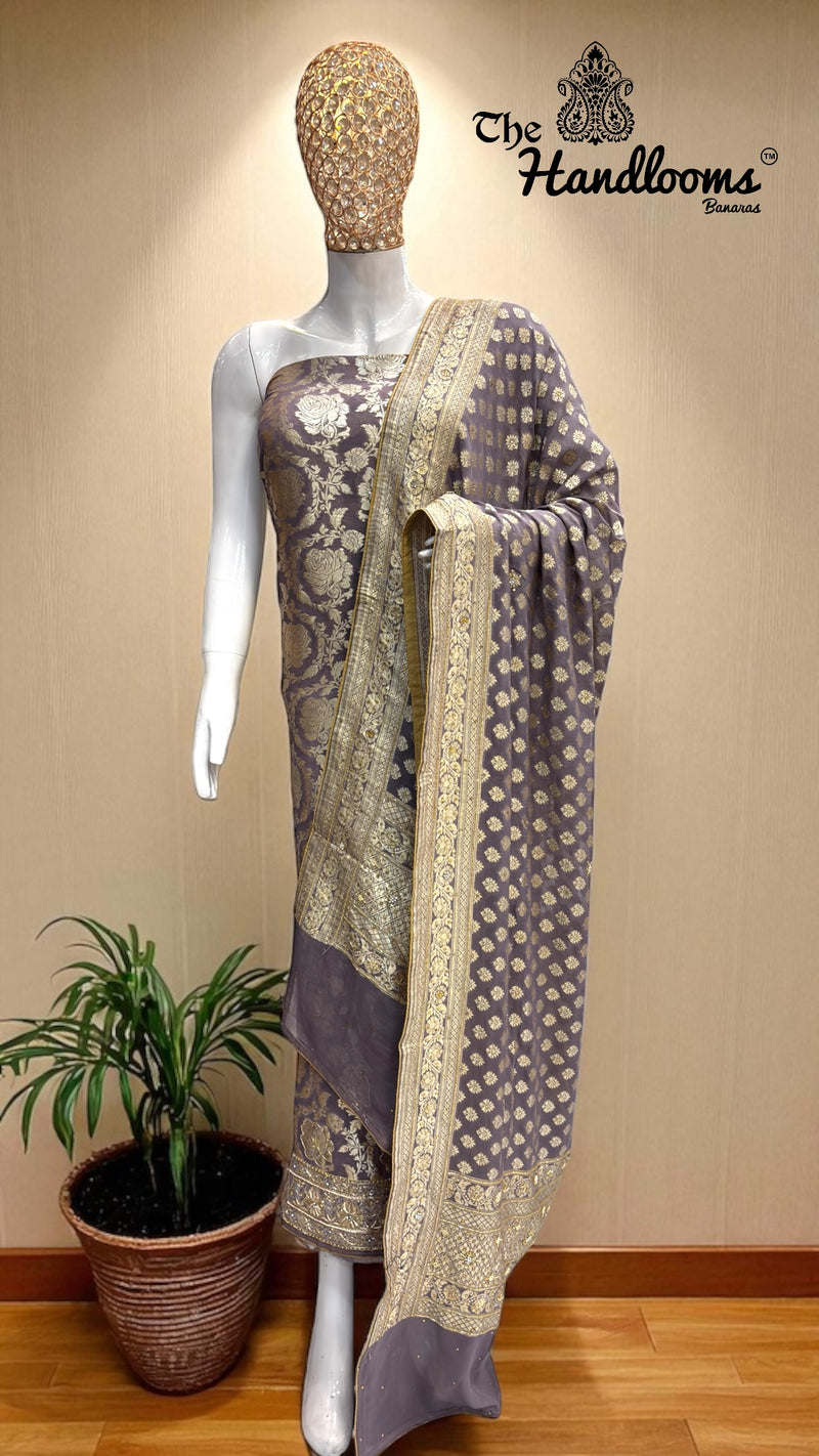 Pure Khaddi Georgette Handloom Banarasi Dress Material With Katdana,Zardozi,Stone,Diamond,Dapka - The Handlooms