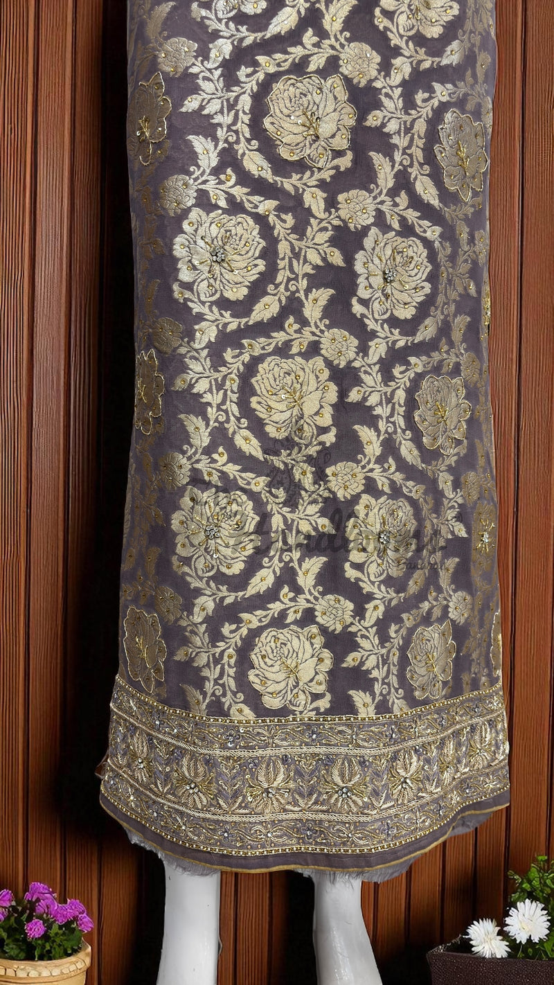 Pure Khaddi Georgette Handloom Banarasi Dress Material With Katdana,Zardozi,Stone,Diamond,Dapka - The Handlooms