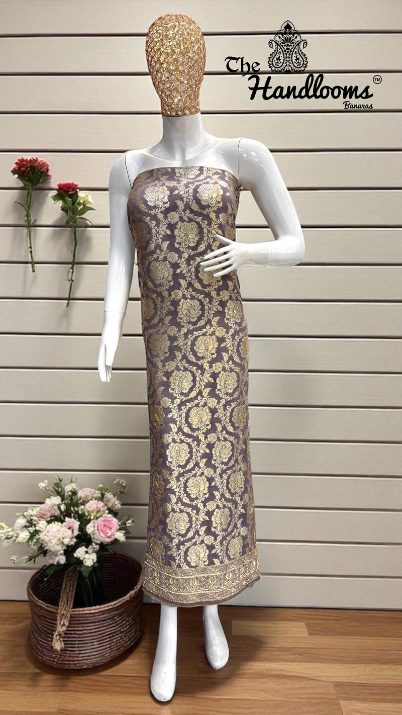 Pure Khaddi Georgette Handloom Banarasi Dress Material With Katdana,Zardozi,Stone,Diamond,Dapka - The Handlooms