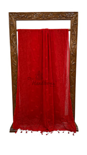 Red Pure Georgette Chikankari Handloom Banarasi Saree - The Handlooms