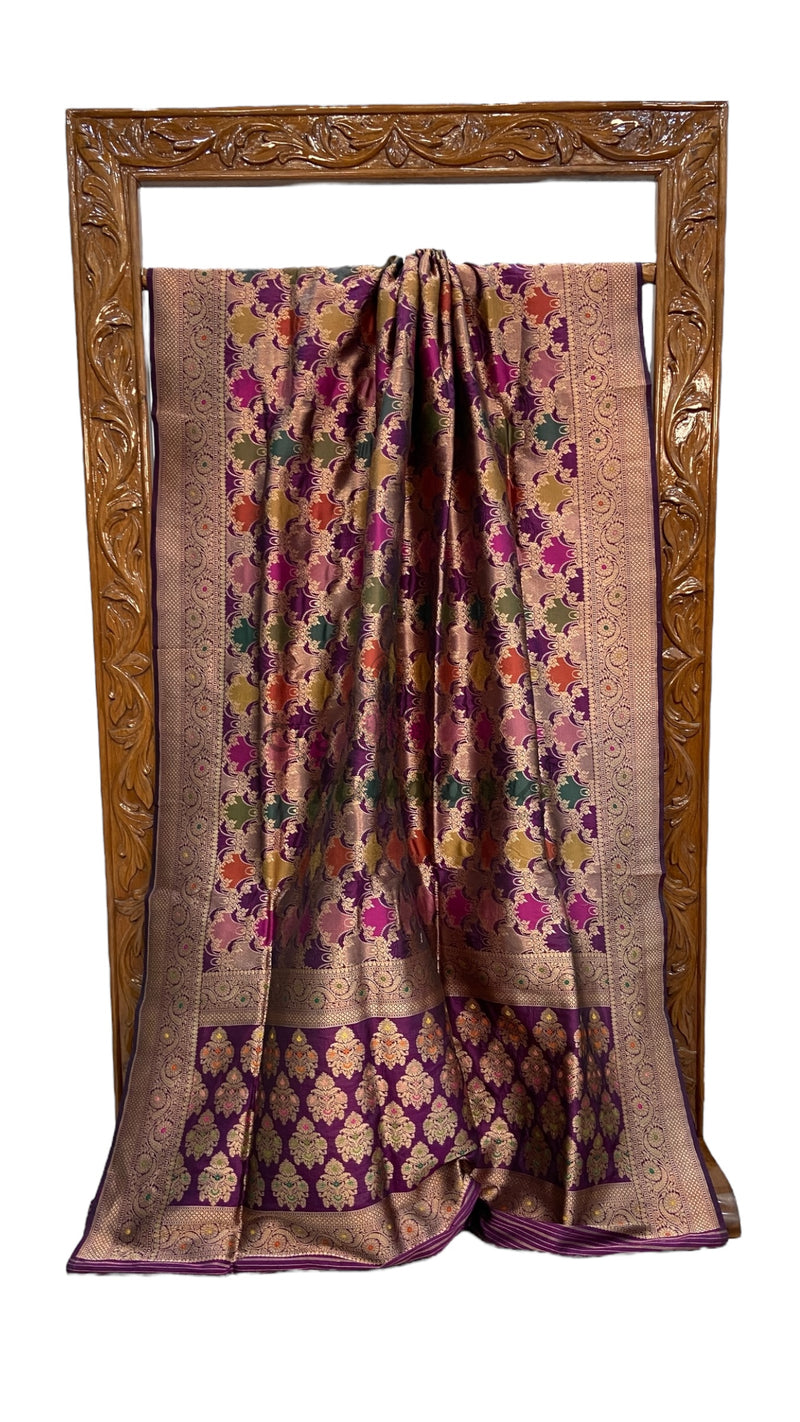 Multicolor Pure Katan Silk Banarasi Handloom Saree - All over Jaal Work With Rangkart - The Handlooms