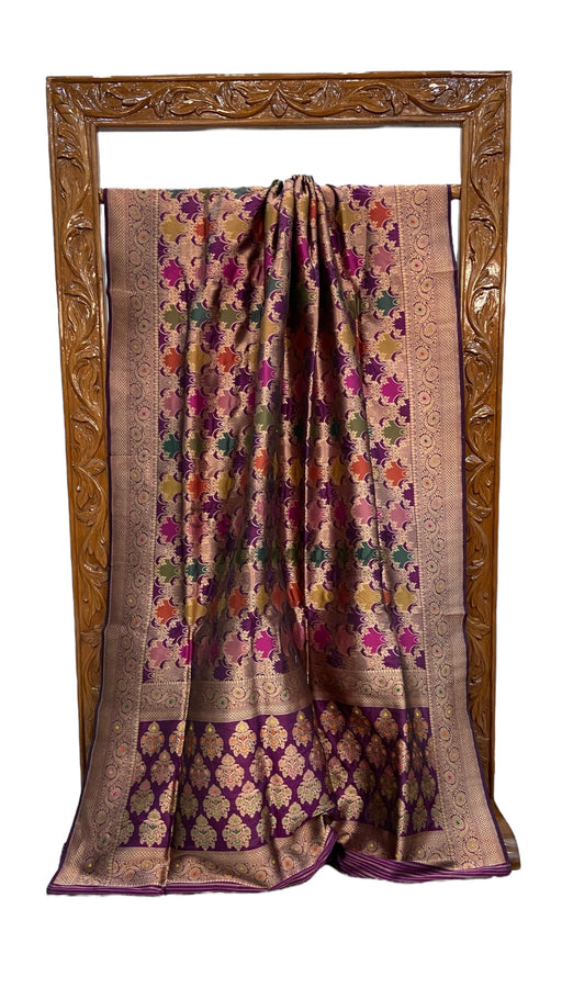 Multicolor Pure Katan Silk Banarasi Handloom Saree - All over Jaal Work With Rangkart - The Handlooms
