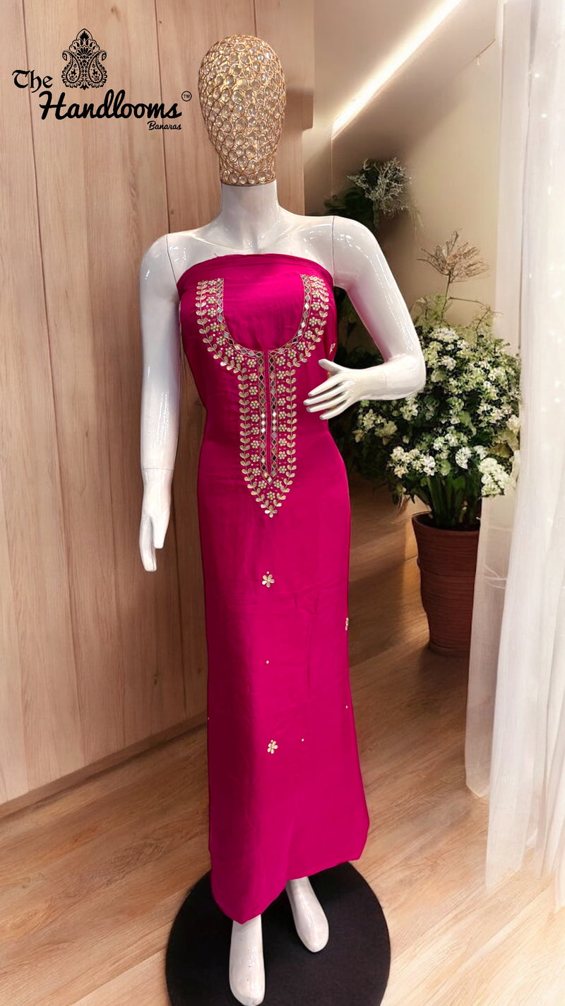 Elegant Silk Dress with Pure Kora Silk Dupatta – Adorned with Gota Patti, Moti, Katdana & Zardozi Handwork - The Handlooms