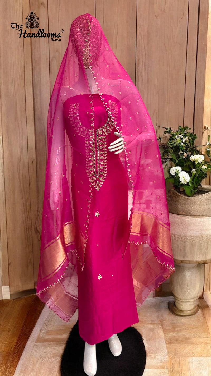 Elegant Silk Dress with Pure Kora Silk Dupatta – Adorned with Gota Patti, Moti, Katdana & Zardozi Handwork - The Handlooms